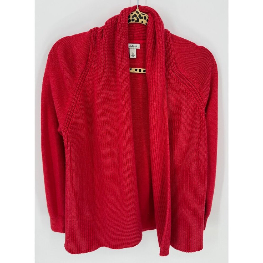 L.L.Bean Womens Red Open Front Knitted Cardigan Sweater Size Large Petite